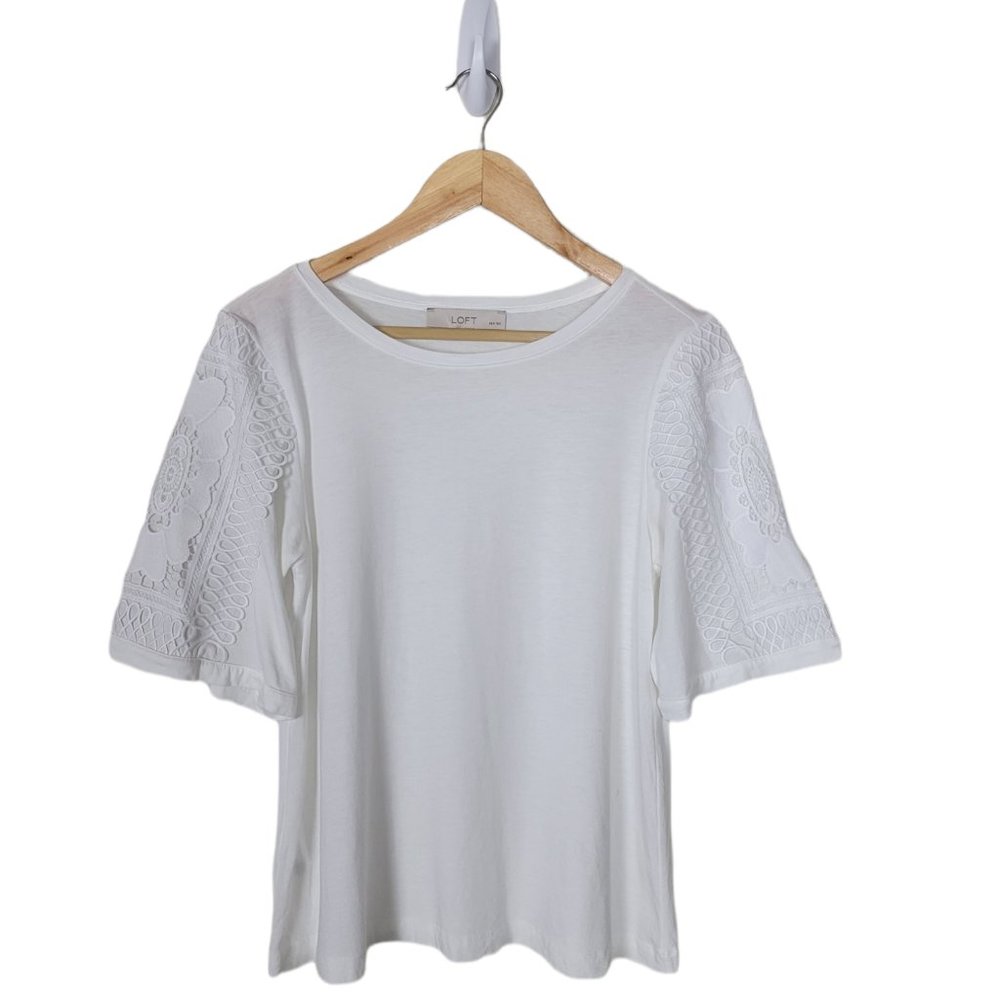 LOFT White Blouse 3/4 Bell Sleeves Crochet Detail